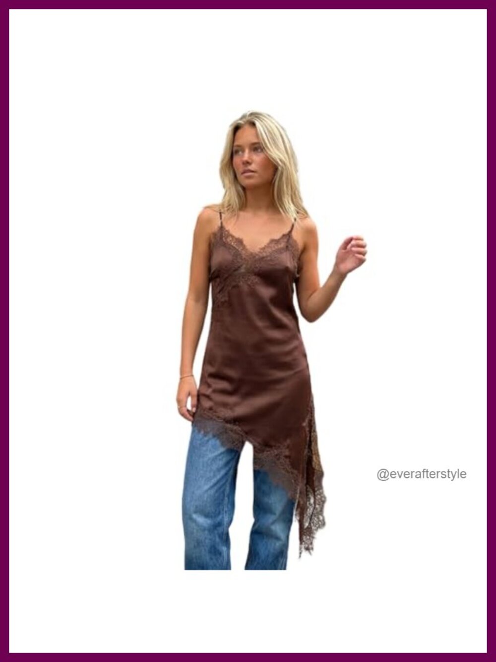 Women Satin Lace Trim Camisole Top Asymmetrical Cami Slip Dress Layering